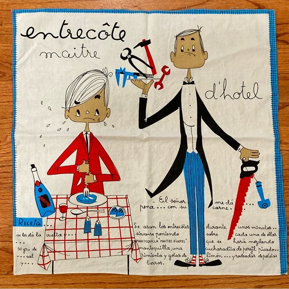 Vintage Tea Towel Spanish Recipe Ribeye Steak 1960s Made in Spain